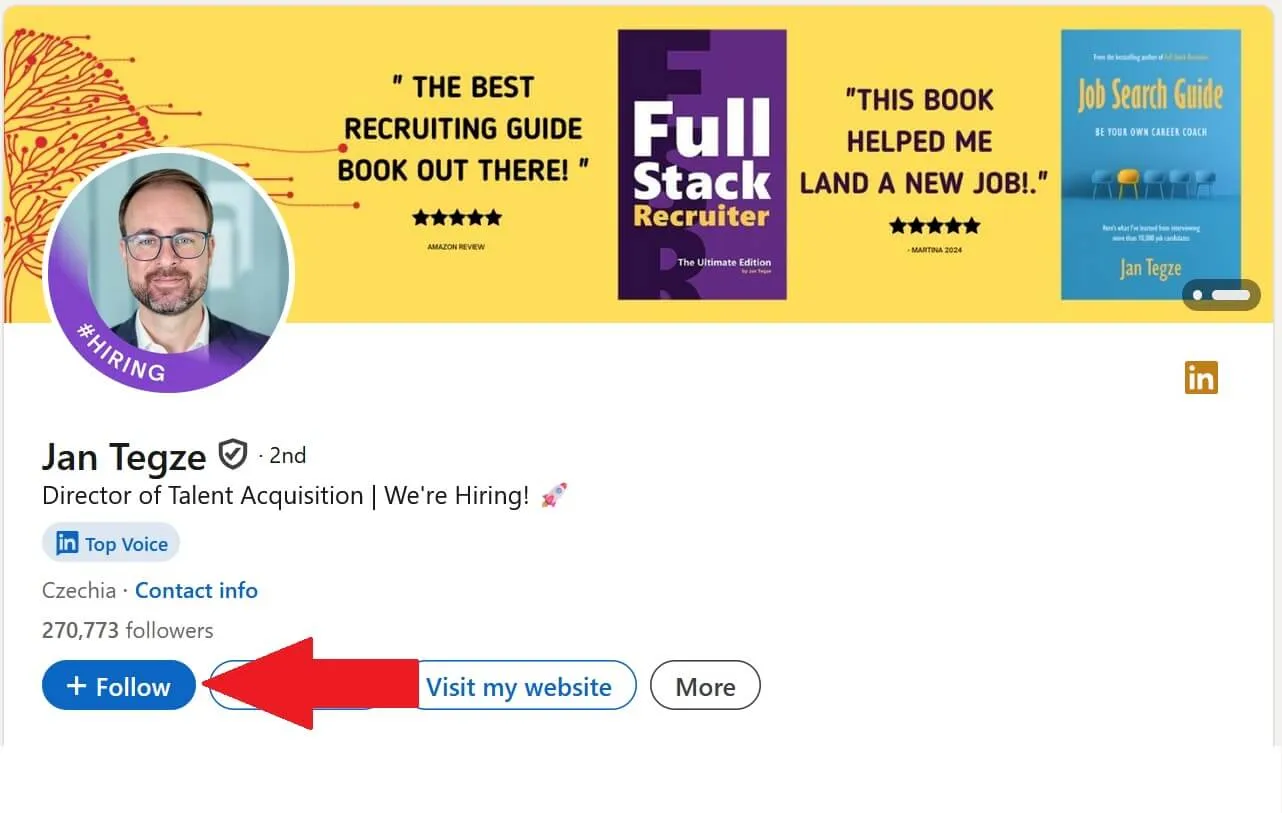 Screenshot showing the Follow button on Jan Tegze's LinkedIn profile